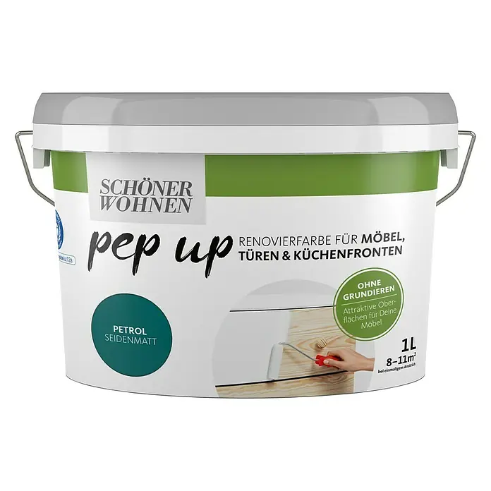 SCHÖNER WOHNEN-Farbe Pep up Weißlack für Möbel, Türen & Küchenfronten - Petrol, Seidenmatt, 1 l, Wasserbasiert - Ein Eimer „Schöner Wohnen pep up“ Renovierfarbe für Möbel, Türen und Küchenfronten in Petrol Seidenmatt mit 1 Liter Inhalt.