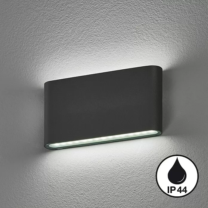 Fischer & Honsel LED-Wandleuchte Scone - 11 W, L x B x H: 17,5 x 3 x 9 cm, Sandschwarz, Warmweiß - Dunkelgraue rechteckige Outdoor-LED-Wandleuchte, IP44, die warmes Licht nach oben und unten abstrahlt.