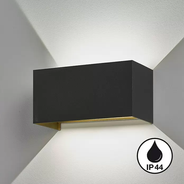 Fischer & Honsel LED-Wandleuchte Wallo - 12 W, L x B x H: 10 x 20 x 10 cm, Sandschwarz/Gold, Warmweiß - Schwarze rechteckige Außenwandleuchte mit goldfarbener Innenseite, die nach oben und unten leuchtet.