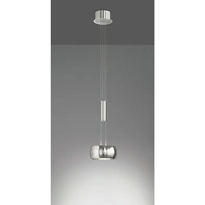 Fischer & Honsel LED-Pendelleuchte Colette - 1 Stk., 9 W, Nickel, Nickel, Warmweiß - Produktansicht einer modernen Hängelampe mit einem runden, silberfarbenen Glasschirm und filigranen Aufhängungen.