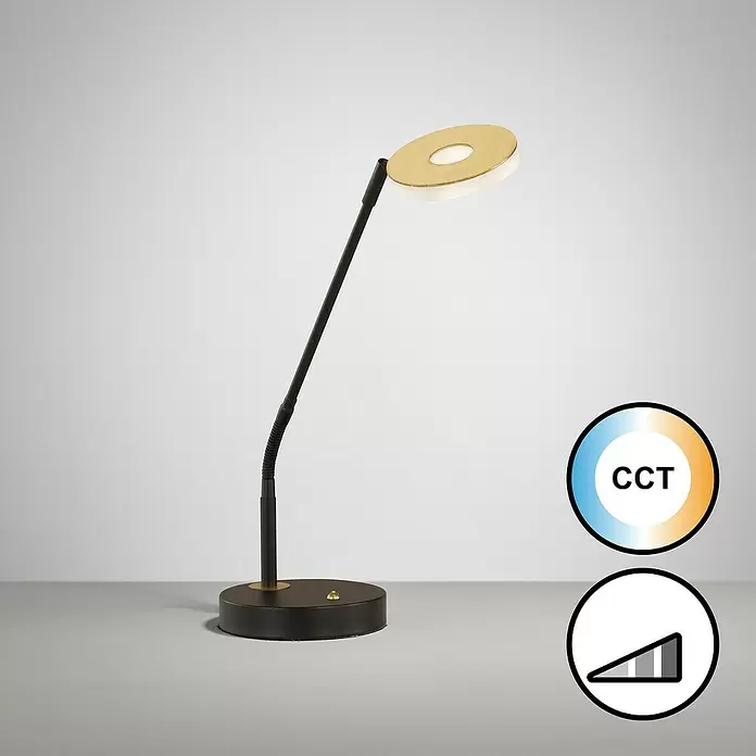 Fischer & Honsel Dent LED-Tischleuchte - 7,5 W, L x B x H: 16 x 16 x 60 cm, Gold/Sandschwarz, Mehrfarbig - Schwarze Schreibtischlampe mit Messingakzenten, flexiblem Arm und rundem Leuchtkopf, mit CCT- und Dimmfunktionen.