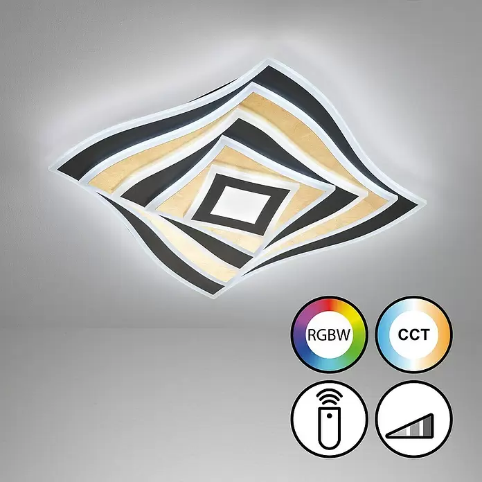 Fischer & Honsel LED-Deckenleuchte Hero - 50 W, L x B x H: 50 x 50 x 7,6 cm, Gold/Sandschwarz, Mehrfarbig - Moderne Deckenleuchte mit geschichtetem schwarz-weiß-goldenem Geometriedesign, RGBW, CCT, Fernbedienung und Dimmfunktion.