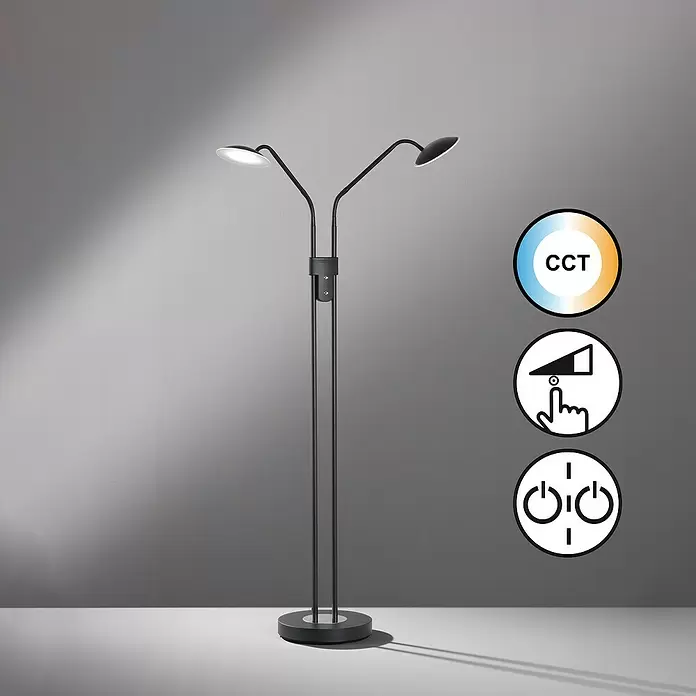 Fischer & Honsel Tallri LED-Stehleuchte - 15 W, Höhe: 135 cm, Sandschwarz, Mehrfarbig, Anzahl Leuchtenköpfe: 2 Stk. - Dunkelgraue Metall-Stehleuchte mit zwei verstellbaren Köpfen. Verfügt über CCT-Farbanpassung, Dimmfunktion und unabhängige Steuerung.