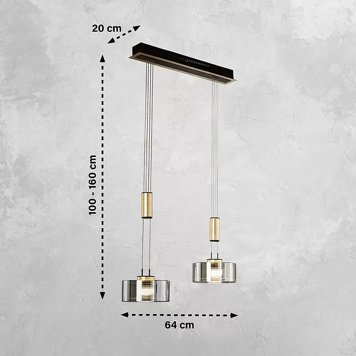 Fischer & Honsel LED-Pendelleuchte Lavin - 18 W, Gold/Schwarz, Warmweiß, 2 Stk. - Verstellbare schwarze und goldene Pendelleuchte mit zwei klaren Glasschirmen, 64 cm lang, 20 cm breit, 100-160 cm Höhe.