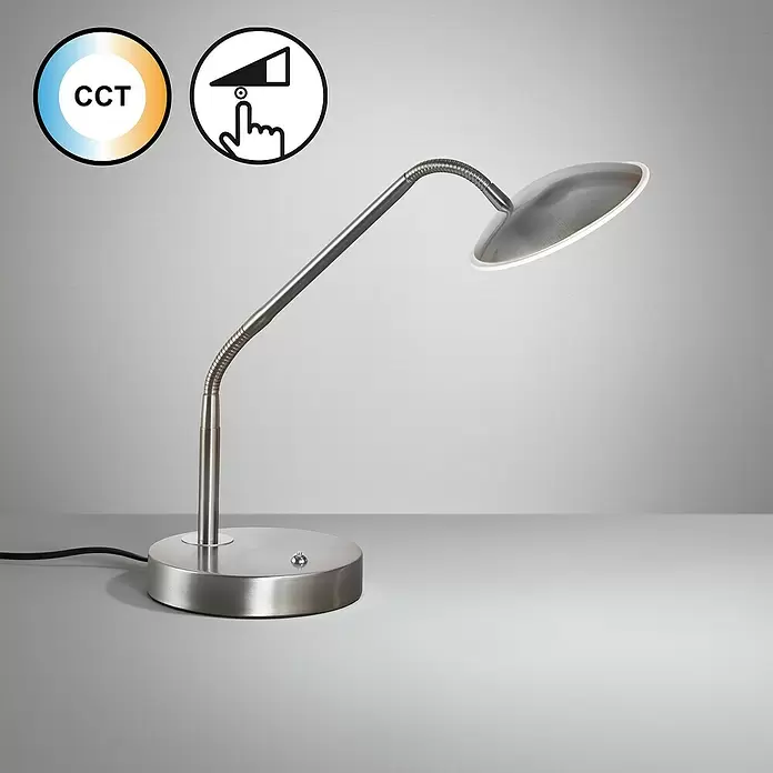 Fischer & Honsel Tallri LED-Tischleuchte - 7,5 W, L x B x H: 16 x 16 x 60 cm, Nickel, Mehrfarbig - Schreibtischlampe aus gebürstetem Metall mit flexiblem Arm und runder Basis, mit einstellbarer Farbtemperatur und Dimmung.