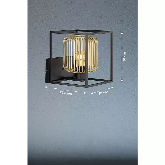 Fischer & Honsel Wandleuchte Caydo - 40 W, L x B x H: 23 x 23 x 25,5 cm, Sandschwarz/Gold, E27 - Schwarze quadratische Metall-Wandleuchte mit goldenem Lamellenschirm und sichtbarer Glühbirne. Maße: H 30 cm, B 25,5 cm, T 23 cm.
