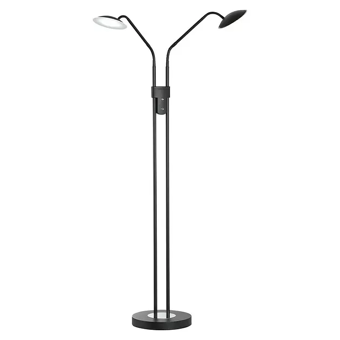 Fischer & Honsel Tallri LED-Stehleuchte - 15 W, Höhe: 135 cm, Sandschwarz, Mehrfarbig, Anzahl Leuchtenköpfe: 2 Stk. - Schwarze Stehlampe aus Metall mit zwei verstellbaren Armen, einer mit leuchtendem weißen Disclicht.