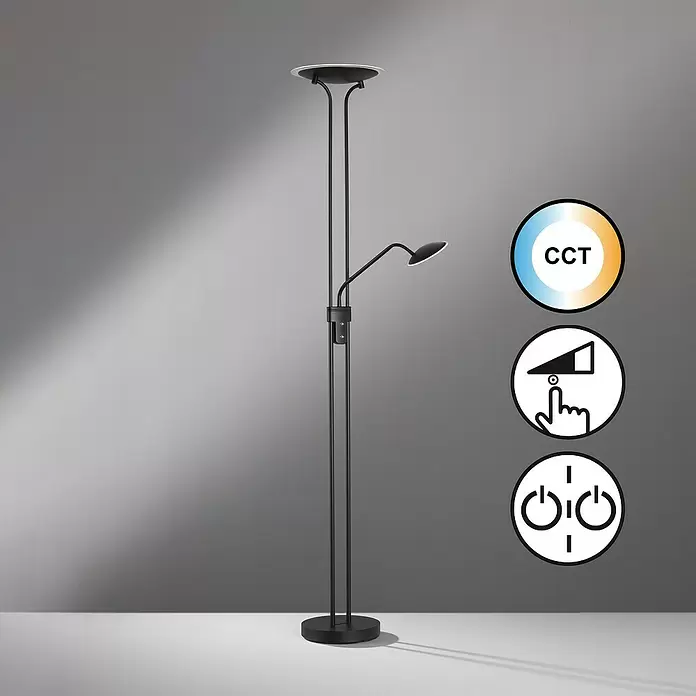 Fischer & Honsel Tallri LED-Deckenfluter - 42,5 W, Höhe: 180 cm, Sandschwarz, Mehrfarbig - Schwarz-metallene Stehlampe mit Deckenfluter und verstellbarer Leselampe, mit CCT, Touch-Dimmen und unabhängiger Schaltung.