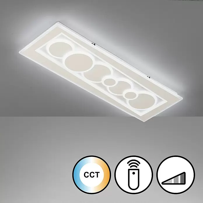 Fischer & Honsel LED-Deckenleuchte Ratio - 42 W, L x B x H: 90 x 30 x 5,5 cm, Weiß, Mehrfarbig - Rechteckige LED-Deckenleuchte, weiß, mit Kreismuster, einstellbarer Farbtemperatur, Fernbedienung und Dimmbarkeit.