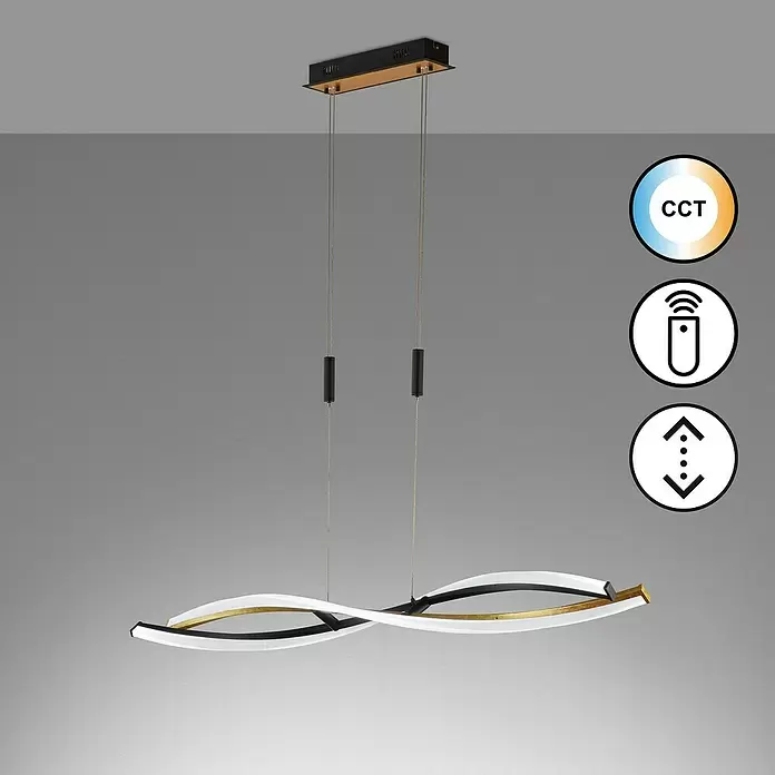 Fischer & Honsel LED-Pendelleuchte Torcido - 7 W, Gold/Sandschwarz, Mehrfarbig - Moderne schwarze, goldene und weiße wellenförmige LED-Pendelleuchte mit einstellbarer Farbe, Fernbedienung und Höhe.