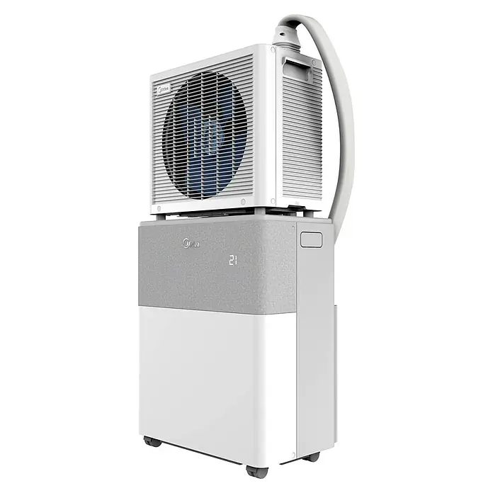 Midea Klimasplitgerät PortaSplit 12.000 Btu - Kühlleistung: 3.500 W, Heizleistung: 3.500 W, Raumgröße: 42 m² - Dieses Bild zeigt eine tragbare Klimaanlage von Midea. Sie besteht aus einer weißen Einheit mit einem Lüftergitter und einem Bedienfeld.