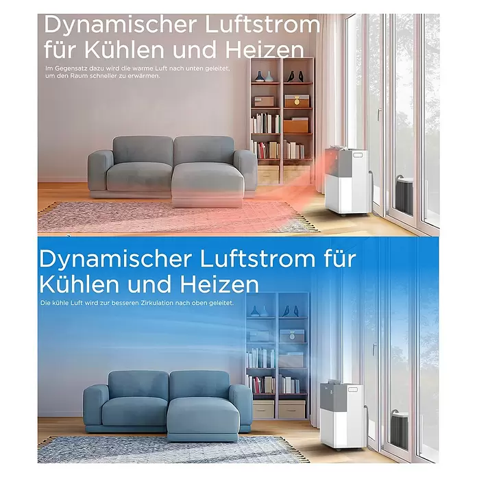 Midea Klimasplitgerät PortaSplit 12.000 Btu - Kühlleistung: 3.500 W, Heizleistung: 3.500 W, Raumgröße: 42 m² - Weiß-graues mobiles Klimagerät, das in einem Wohnzimmer dynamischen Luftstrom zum Kühlen und Heizen demonstriert.