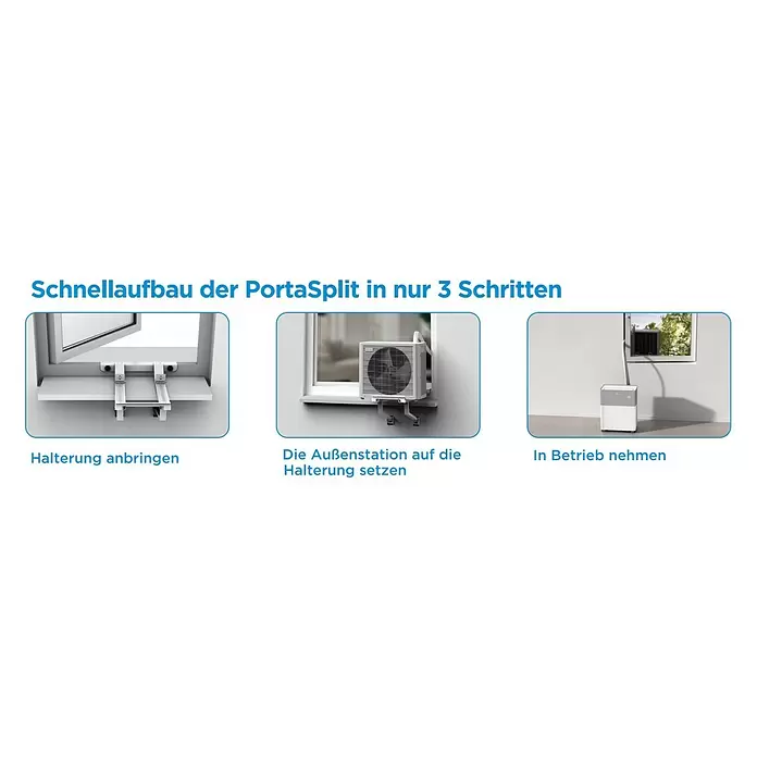 Midea Klimasplitgerät PortaSplit 12.000 Btu - Kühlleistung: 3.500 W, Heizleistung: 3.500 W, Raumgröße: 42 m² - Drei Schritte zum Aufbau eines PortaSplit Klimageräts: Fensterhalterung anbringen, Außeneinheit aufsetzen und in Betrieb nehmen.