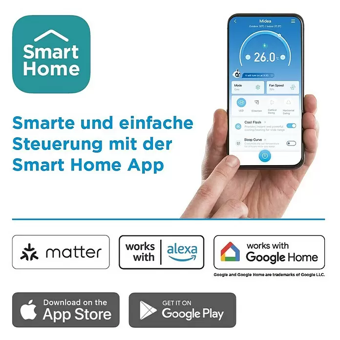Midea Klimasplitgerät PortaSplit 12.000 Btu - Kühlleistung: 3.500 W, Heizleistung: 3.500 W, Raumgröße: 42 m² - Smartphone mit Smart Home App zur Klimaanlagensteuerung und Logos von Matter, Alexa, Google Home, App Store, Google Play.