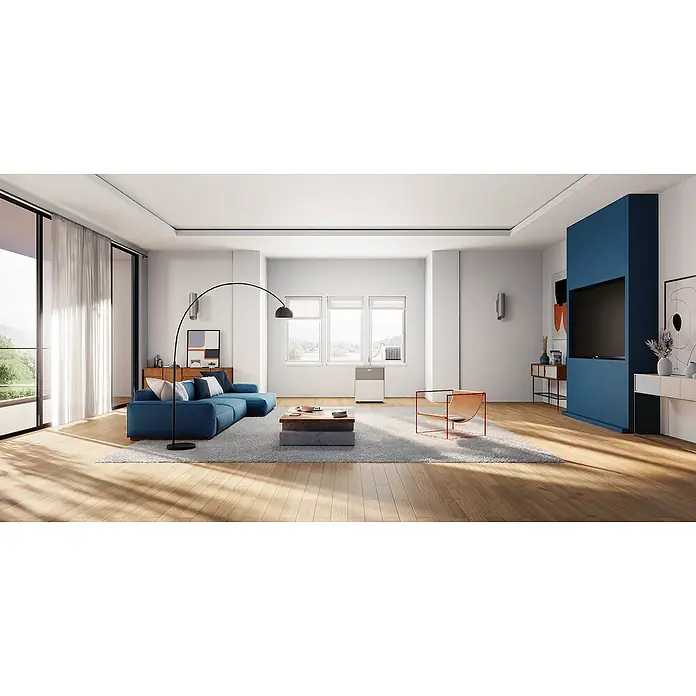 Midea Klimasplitgerät PortaSplit 12.000 Btu - Kühlleistung: 3.500 W, Heizleistung: 3.500 W, Raumgröße: 42 m² - Ein modernes Wohnzimmer mit einem Midea Klimagerät am Fenster, das für angenehme Kühlung sorgt. Stilvolles Design trifft auf praktische Funktionalität.
