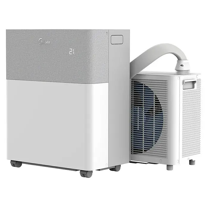 Midea Klimasplitgerät PortaSplit 12.000 Btu - Kühlleistung: 3.500 W, Heizleistung: 3.500 W, Raumgröße: 42 m² - Ein Midea Klimagerät mit zwei Teilen, einem grauen und einem weißen Teil. Es hat einen Schlauchanschluss zum anderen Gerät und Rollen.
