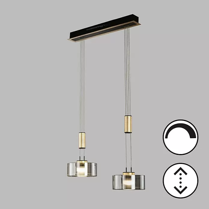 Fischer & Honsel LED-Pendelleuchte Lavin - 18 W, Gold/Schwarz, Warmweiß, 2 Stk. - Dimmbare, höhenverstellbare Pendelleuchte mit schwarzem und goldfarbenem Sockel, zwei goldenen Zylindern und Rauchglas-Schirmen.