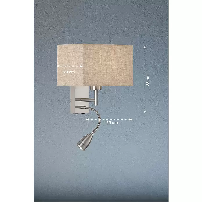 Fischer & Honsel Wandleuchte Dream - 44 W, L x B x H: 20 x 25 x 38 cm, Nickel, Sand, E27 - Wandleuchte aus gebürstetem Metall mit rechteckigem beigem Stoffschirm (20x38 cm) und flexiblem Leselicht (25 cm).