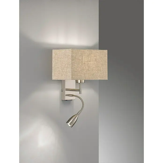 Fischer & Honsel Wandleuchte Dream - 44 W, L x B x H: 20 x 25 x 38 cm, Nickel, Sand, E27 - Wandleuchte mit rechteckigem Lampenschirm aus beigem Stoff und verstellbarem Leselichtarm für eine optimale Beleuchtung.