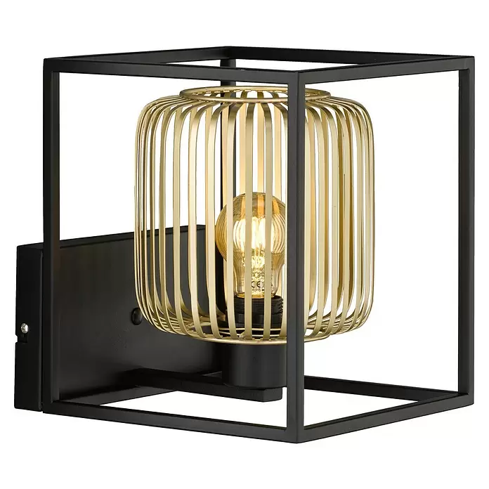 Fischer & Honsel Wandleuchte Caydo - 40 W, L x B x H: 23 x 23 x 25,5 cm, Sandschwarz/Gold, E27 - Wandlampe mit schwarzem Metallrahmen und goldenem Käfigschirm mit leuchtender Glühbirne.
