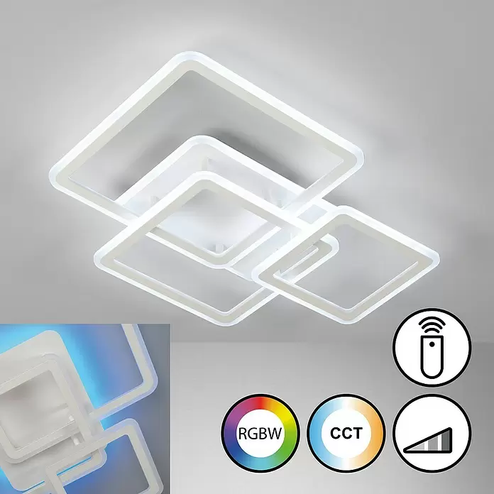 Fischer & Honsel LED-Deckenleuchte Gelder - 49,5 W, L x B x H: 40 x 54 x 12 cm, Sandweiß, Mehrfarbig, Quadratisch - Weißes, modernes LED-Deckenlicht mit überlappendem Quadratform-Design, Fernbedienung, RGBW, CCT und Dimmfunktion.