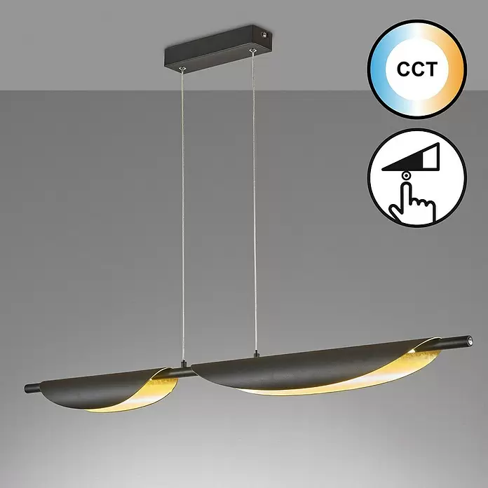 Fischer & Honsel LED-Pendelleuchte Skal - 12 W, L x B x H: 108 x 8 x 160 cm, Gold/Sandschwarz, Mehrfarbig - Moderne schwarze Pendelleuchte mit goldenem Interieur, mit CCT und Touch-Dimmer.