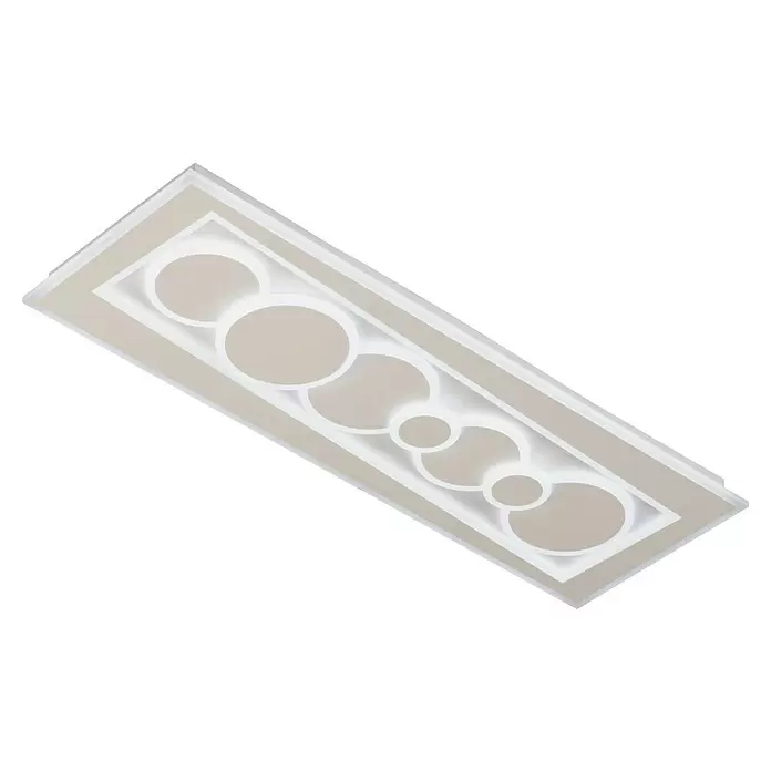 Fischer & Honsel LED-Deckenleuchte Ratio - 42 W, L x B x H: 90 x 30 x 5,5 cm, Weiß, Mehrfarbig - Modernes rechteckiges LED-Deckenpanel in Beige-Weiß mit beleuchteten geometrischen Kreisen.