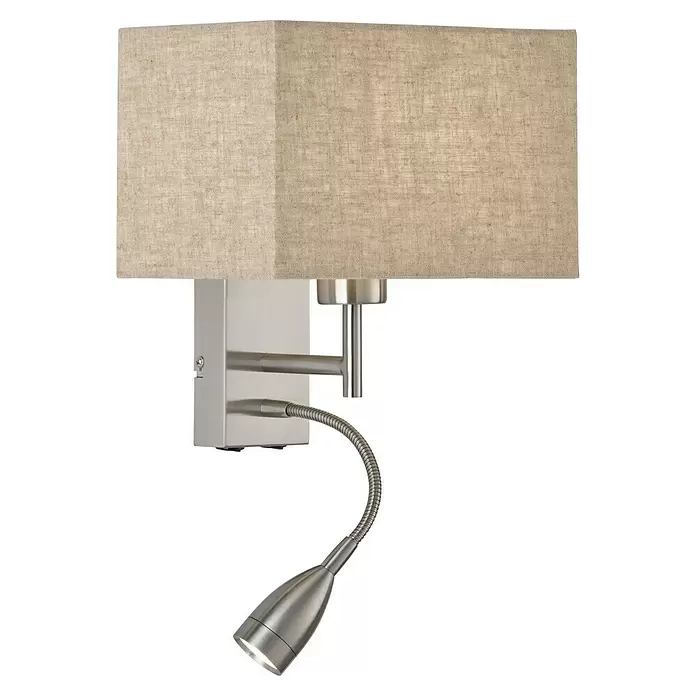 Fischer & Honsel Wandleuchte Dream - 44 W, L x B x H: 20 x 25 x 38 cm, Nickel, Sand, E27 - Gebürstete Metall-Wandleuchte mit beigem, rechteckigem Stoffschirm und flexibler LED-Leselampe.