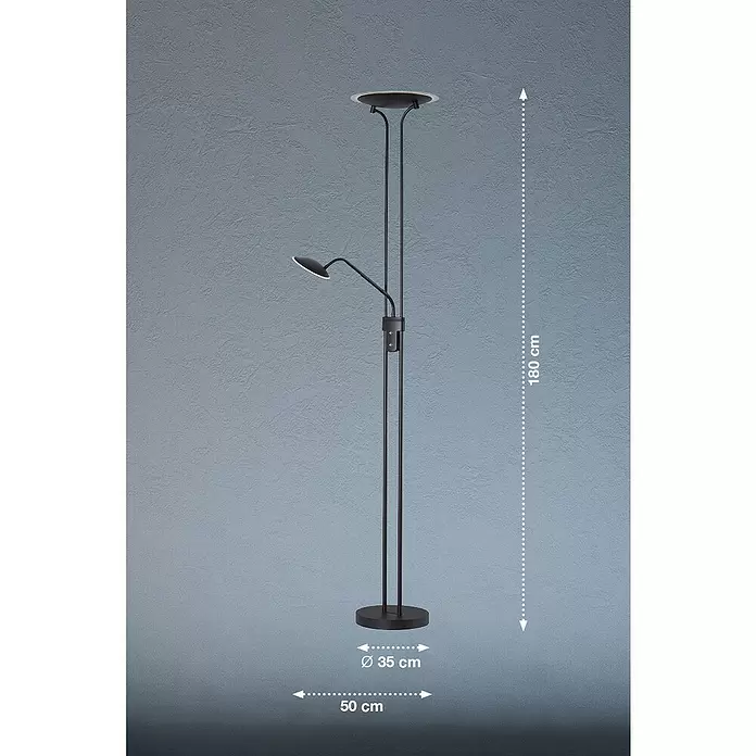 Fischer & Honsel Tallri LED-Deckenfluter - 42,5 W, Höhe: 180 cm, Sandschwarz, Mehrfarbig - Schwarze Metall-Stehleuchte mit Uplight und verstellbarer Leseleuchte.