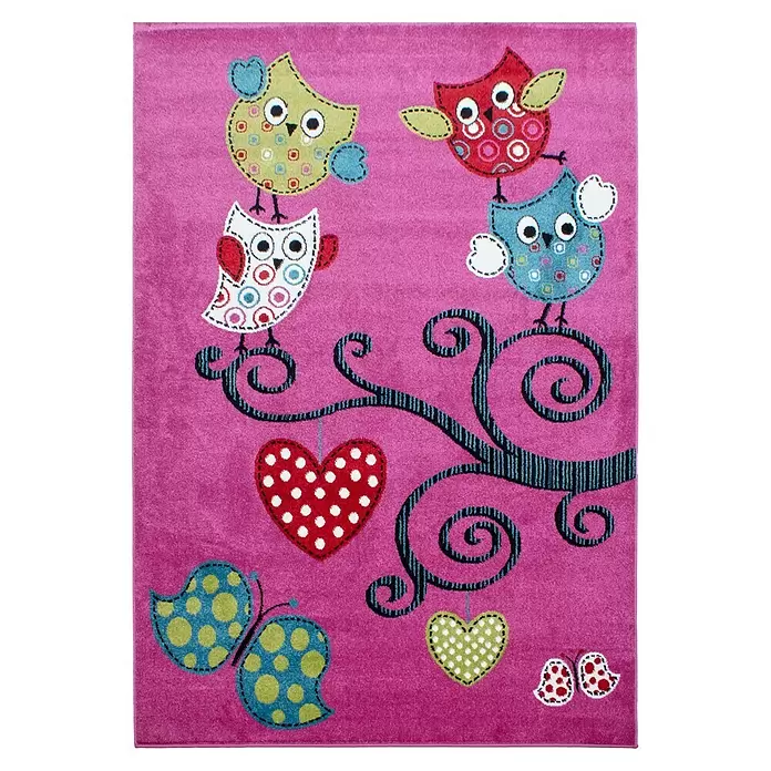 Kinderteppich Kids 0420 - Lila, 200 x 140 cm, 100 % Polypropylen - Rosafarbener Kinderteppich mit Cartoon-Eulen-, Herz- und Schmetterlingsdesign.
