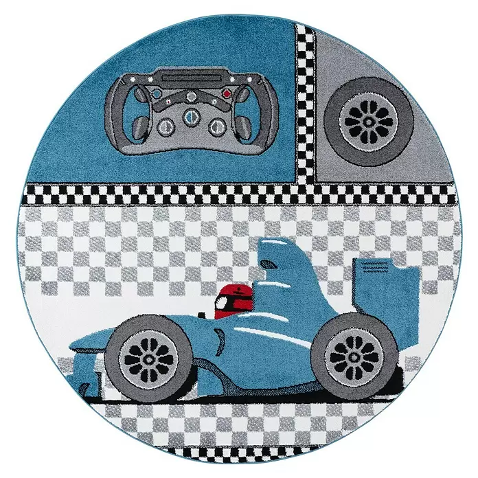 Kinderteppich Kids Auto - Blau, Durchmesser: 120 cm, 100 % Polypropylen - Runder blau-grauer Rennwagen-Teppich mit Formel-1-Wagen, Lenkrad und Zielflaggenmuster.