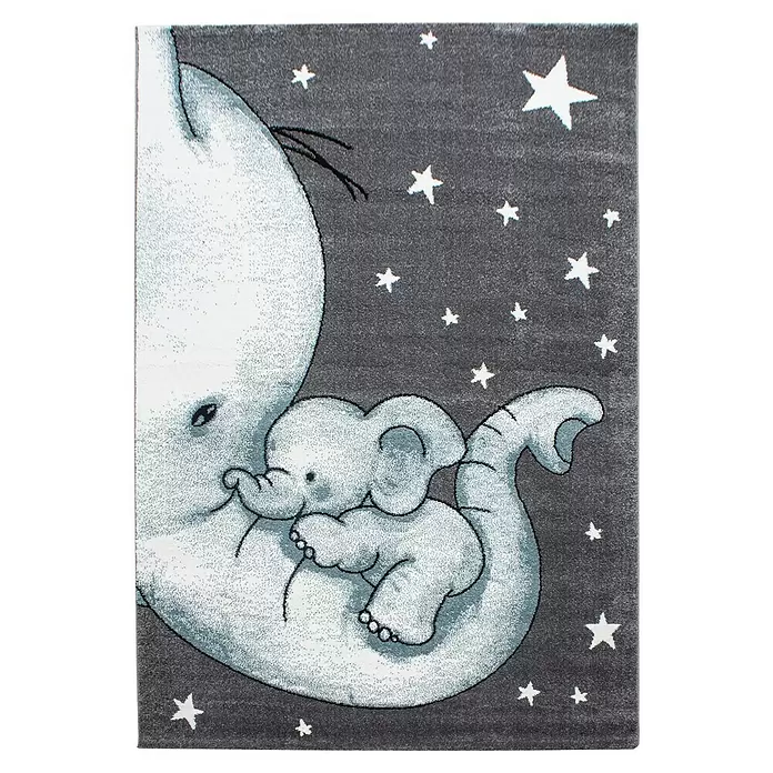 Kinderteppich Kids 0560 - Blau, 200 x 140 cm, 100 % Polypropylen - Grauer Teppich mit einer Elefantenmutter, die ein Elefantenbaby hält, und weißen Sternen.
