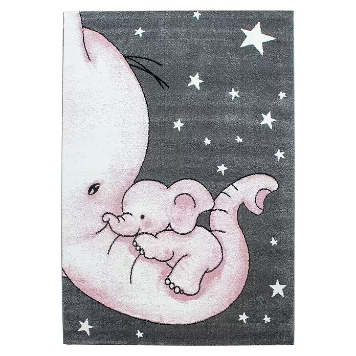 Kinderteppich Kids 0560 - Pink, 200 x 140 cm, 100 % Polypropylen - Kinderteppich mit großem rosa Elefanten, der ein Babyelefanten kuschelt, auf dunkelgrauem Grund mit weißen Sternen.