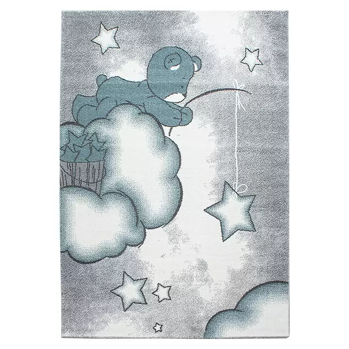 Kinderteppich Kids 0580 - Blau, 200 x 140 cm, 100 % Polypropylen - Grau-weißer Kinderteppich mit hellblauem Cartoon-Bären auf Wolken, der nach Sternen fischt.