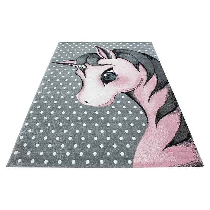 Kinderteppich Kids 0590 - Pink, 290 x 200 cm, 100 % Polypropylen - Rechteckiger grauer Teppich mit weißen Punkten und großem pinkfarbenem Einhorn-Motiv mit schwarzer Mähne.