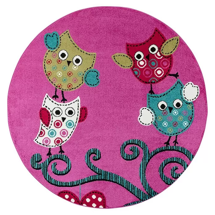 Kinderteppich Kids Eule - Lila, Durchmesser: 120 cm, 100 % Polypropylen - Runder, fuchsiafarbener Teppich mit vier bunten Cartoon-Eulen auf türkis-grünen Ästen.