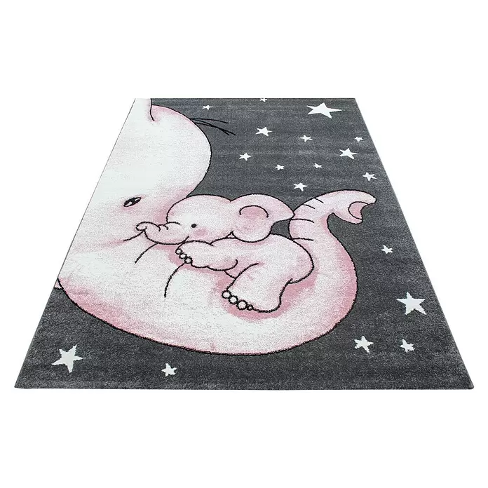 Kinderteppich Kids 0560 - Pink, 200 x 140 cm, 100 % Polypropylen - Grauer rechteckiger Kinderteppich mit einer großen rosa Elefantenmutter und einem Babyelefanten, umgeben von weißen Sternen.