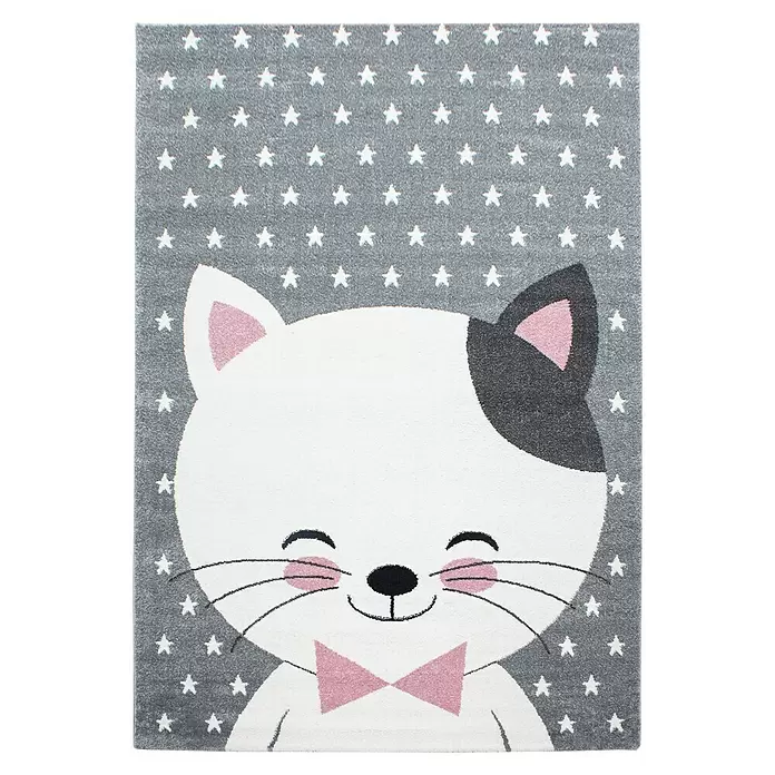 Kinderteppich Kids 0550 - Pink, 200 x 140 cm, 100 % Polypropylen - Weicher grauer Teppich mit weißen Sternen und süßem weißem Katzengesicht, schwarzem Ohr, rosa Details & Fliege.
