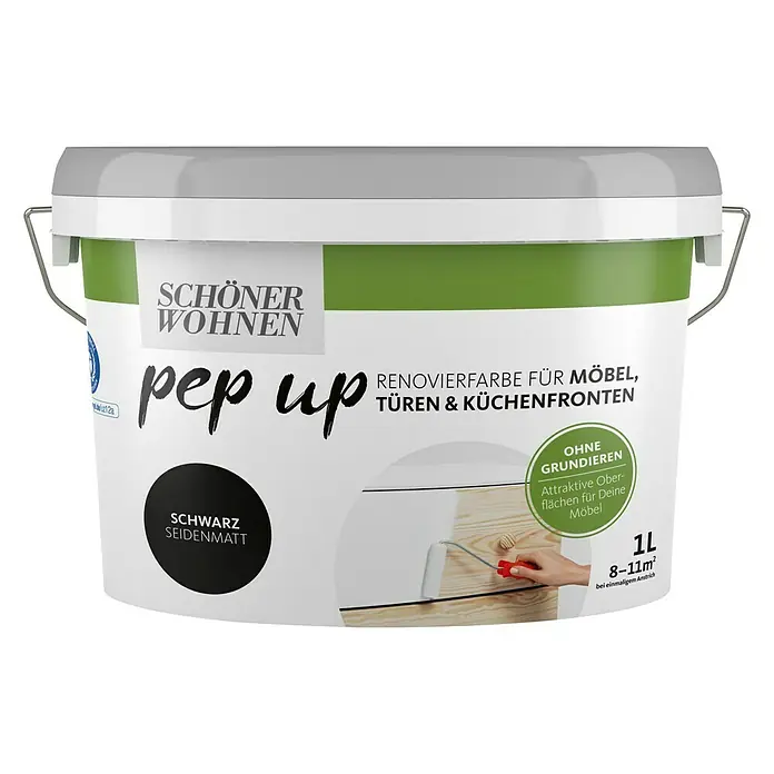 SCHÖNER WOHNEN-Farbe Pep up Weißlack für Möbel, Türen & Küchenfronten - Schwarz, Seidenmatt, 1 l, Wasserbasiert - Ein Eimer SCHÖNER WOHNEN pep up Renovierfarbe für Möbel, Türen & Küchenfronten in Schwarz Seidenmatt.