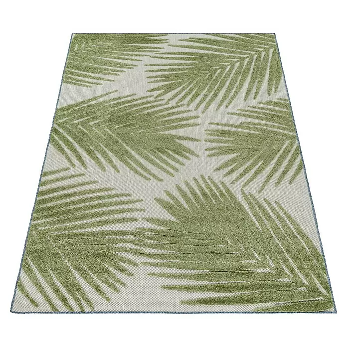 Outdoor-Teppich Bahama VIII - Grün, 200 x 140 cm, 100 % Polypropylen - Rechteckiger Teppich mit grünem Palmenblattmuster auf hellem Hintergrund.