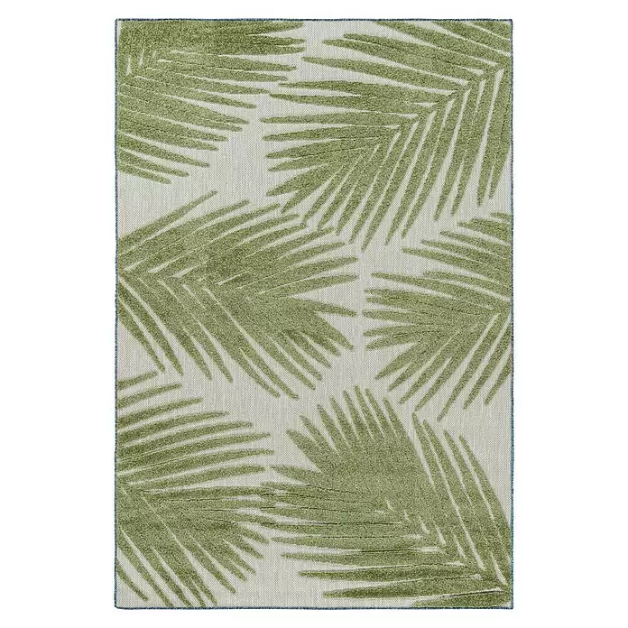 Outdoor-Teppich Bahama VIII - Grün, 200 x 140 cm, 100 % Polypropylen - Rechteckiger Teppich mit strukturiertem hellgrünem Palmenblattmuster auf hellem Webhintergrund.