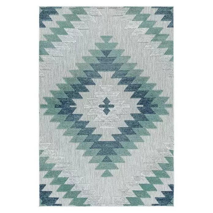 Outdoor-Teppich Bahama II - Blau, 200 x 140 cm, 100 % Polypropylen - Ein rechteckiger Teppich mit geometrischem Muster in Hellgrau, Türkis und Dunkelblau, mit Rauten- und Chevron-Formen.
