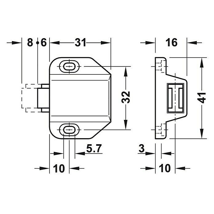 Häfele Magnet-DruckverschlussL x B x H: 31 x 41 x 16 mm, 1-flügelige Glastüren Front View