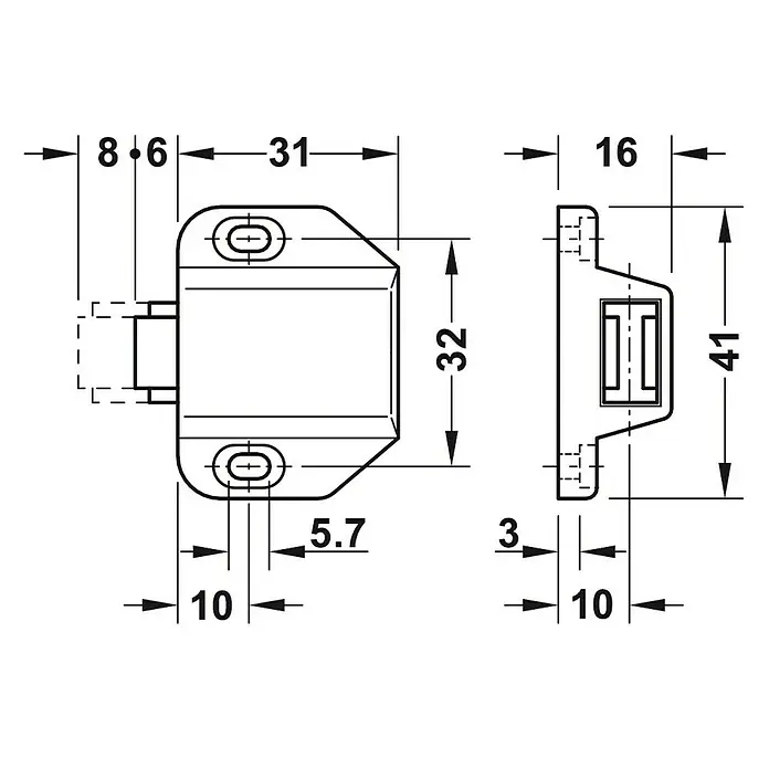 Suki Cierre de golpete - Largo: 31 mm, Plástico - Dibujo técnico de un pestillo magnético con dimensiones para las medidas del producto e ilustración de los detalles de montaje.