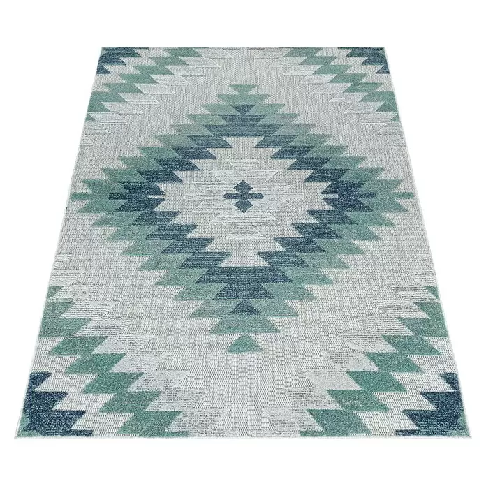 Outdoor-Teppich Bahama II - Blau, 200 x 140 cm, 100 % Polypropylen - Gewebter Teppich mit blauem, grünem und hellgrauem geometrischem Muster.