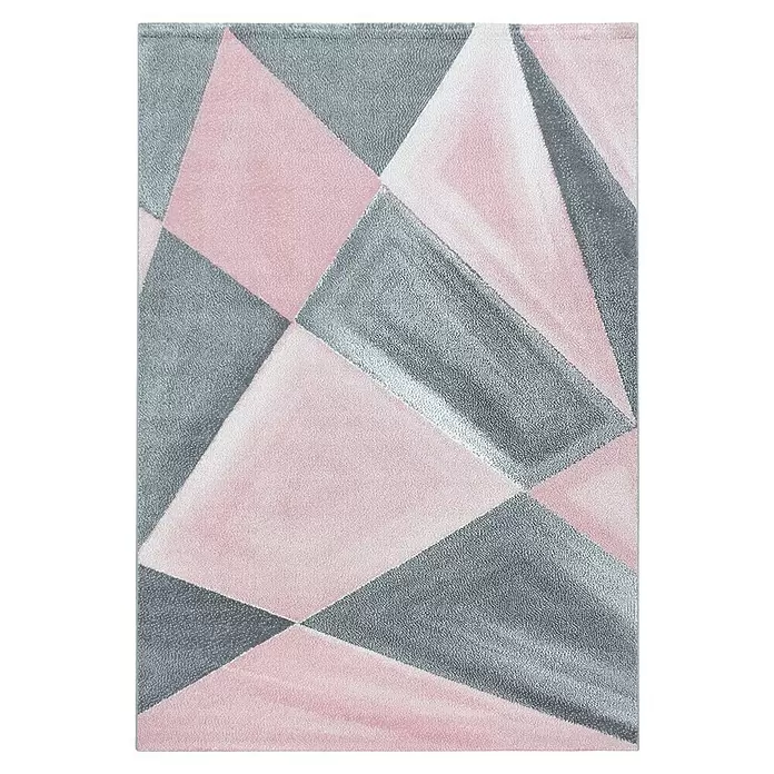 Kurzflorteppich Beta 1130 - Pink, 250 x 80 cm, 100 % Polypropylen - Rosafarbener und grauer Teppich mit geometrischem Muster aus Dreiecken und weicher, texturierter Oberfläche.