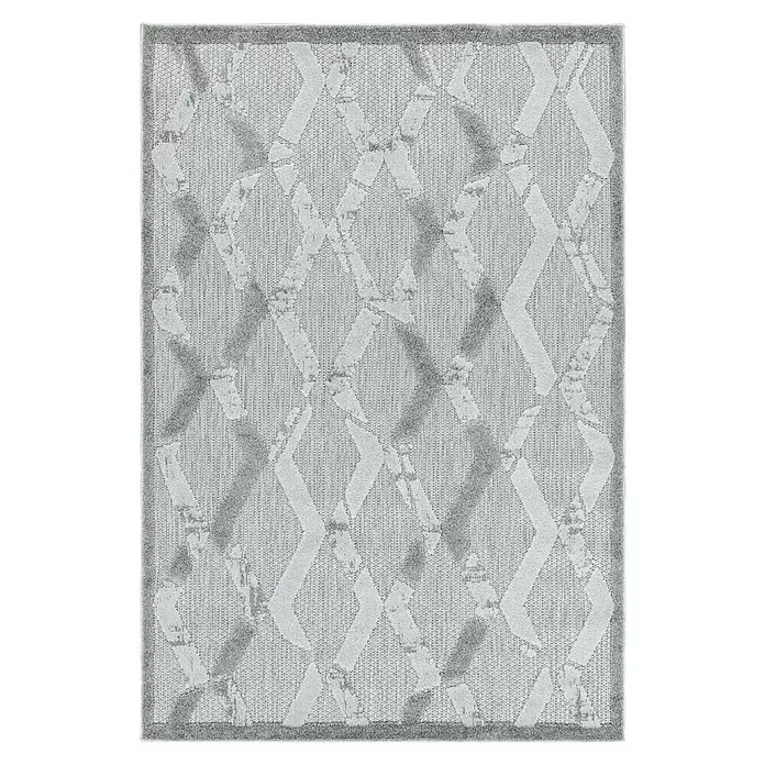 Outdoor-Teppich Bahama VII - Grau, 200 x 140 cm, 100 % Polypropylen - Rechteckiger grau-weißer Teppich mit zerrissenem, geometrischem Rautenmuster.