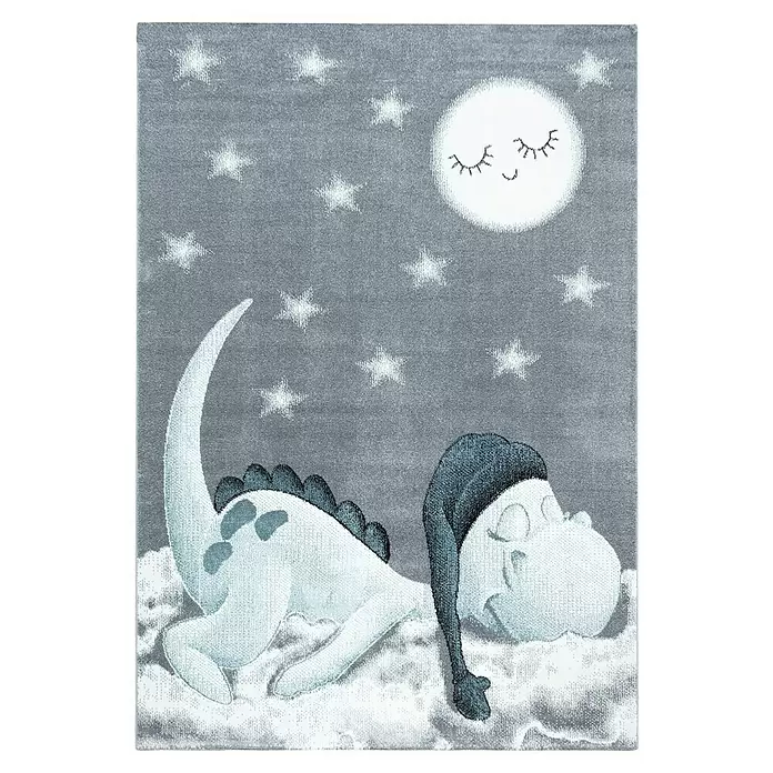 Kinderteppich Bambi 0840 - Blau, 290 x 200 cm, 100 % Polypropylen - Grauer Teppich mit schlafendem Dinosaurier, Mond und Sternen, ideal fürs Kinderzimmer.