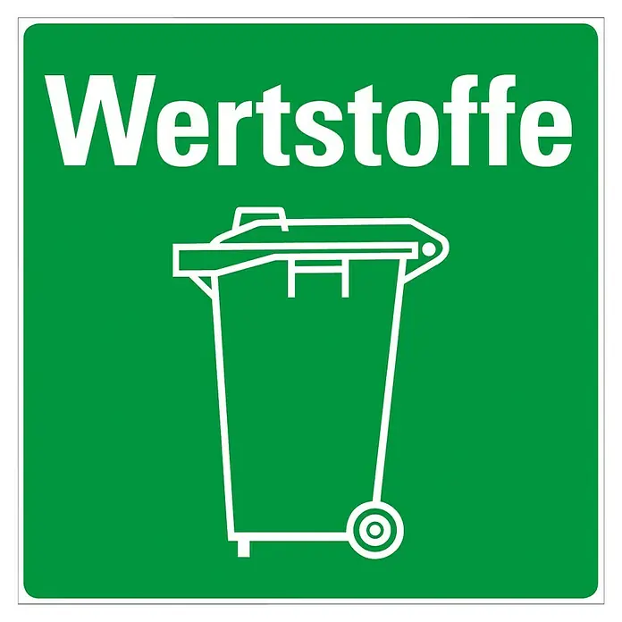 Pickup Aufkleber - Motiv: Wertstoffe, L x B: 140 x 140 mm - Grünes Schild mit dem Wort "Wertstoffe" und einer weißen Mülltonne, das auf Wertstoffrecycling hinweist.