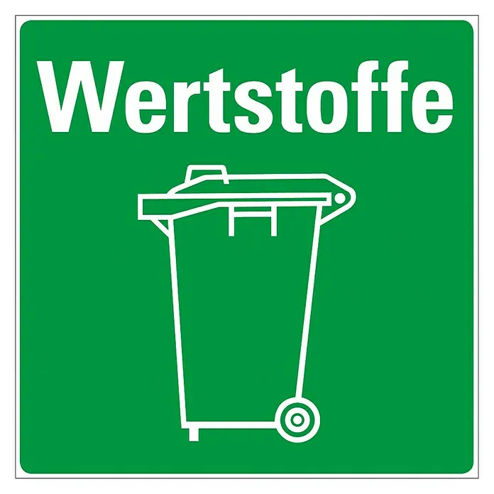 Pickup AufkleberMotiv: Wertstoffe, L x B: 140 x 140 mm - Grünes Schild mit dem Wort "Wertstoffe" und einer weißen Mülltonne, das auf Wertstoffrecycling hinweist.